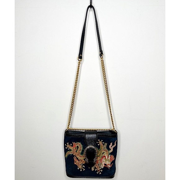 Auth Gucci Suede Dragon Embroidered Bucket Bag - Picture 2 of 16